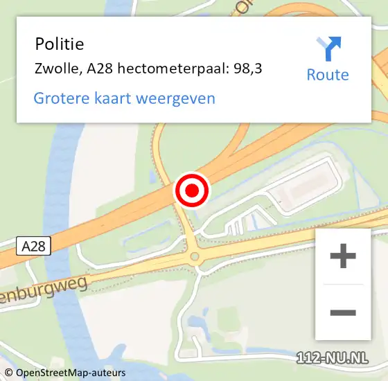 Locatie op kaart van de 112 melding: Politie Zwolle, A28 hectometerpaal: 98,3 op 20 juni 2024 10:57