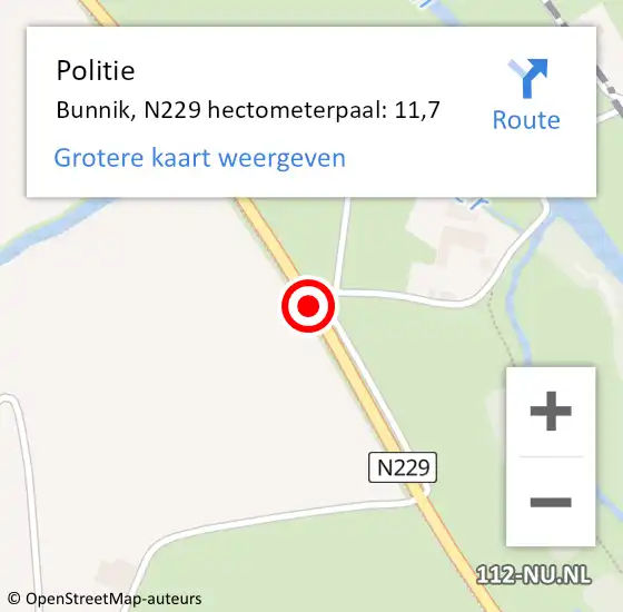 Locatie op kaart van de 112 melding: Politie Bunnik, N229 hectometerpaal: 11,7 op 20 juni 2024 11:19