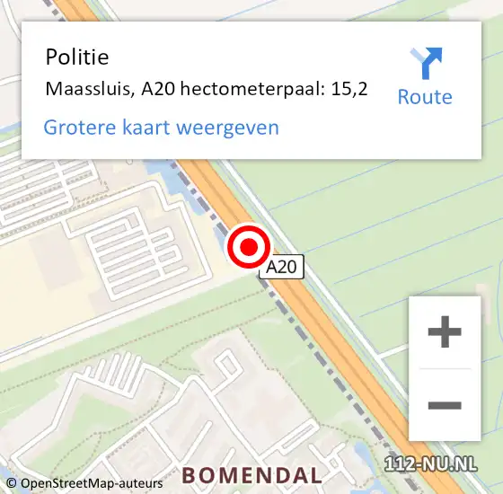 Locatie op kaart van de 112 melding: Politie Maassluis, A20 hectometerpaal: 15,2 op 20 juni 2024 11:25