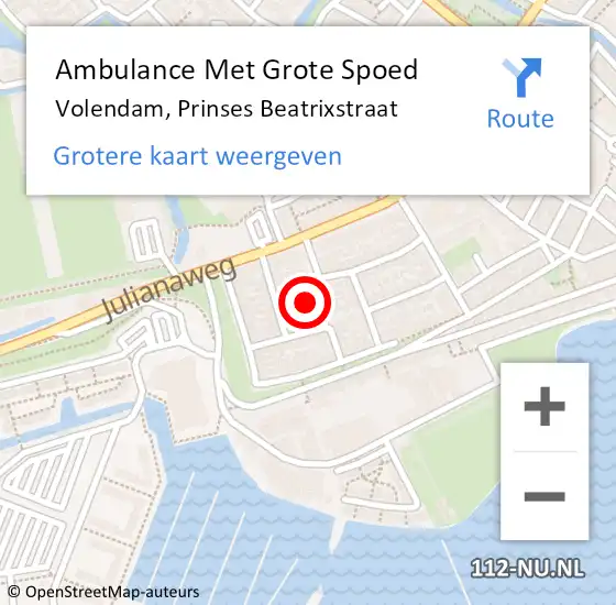 Locatie op kaart van de 112 melding: Ambulance Met Grote Spoed Naar Volendam, Prinses Beatrixstraat op 20 juni 2024 12:13