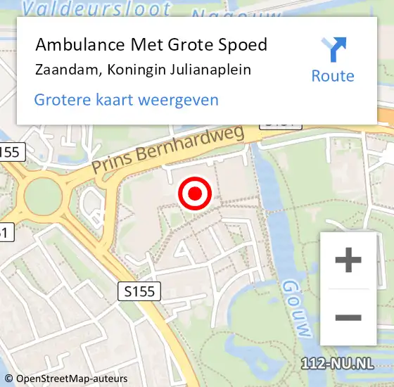 Locatie op kaart van de 112 melding: Ambulance Met Grote Spoed Naar Zaandam, Koningin Julianaplein op 20 juni 2024 12:48