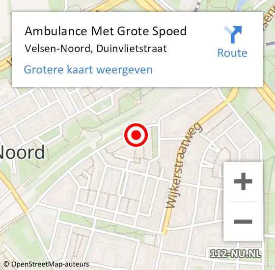 Locatie op kaart van de 112 melding: Ambulance Met Grote Spoed Naar Velsen-Noord, Duinvlietstraat op 20 juni 2024 13:10