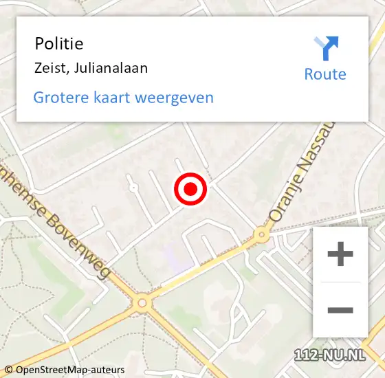 Locatie op kaart van de 112 melding: Politie Zeist, Julianalaan op 20 juni 2024 13:22