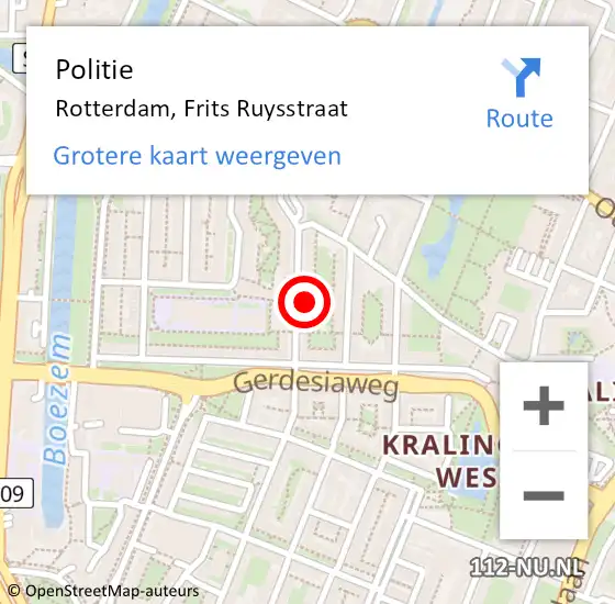 Locatie op kaart van de 112 melding: Politie Rotterdam, Frits Ruysstraat op 20 juni 2024 13:24