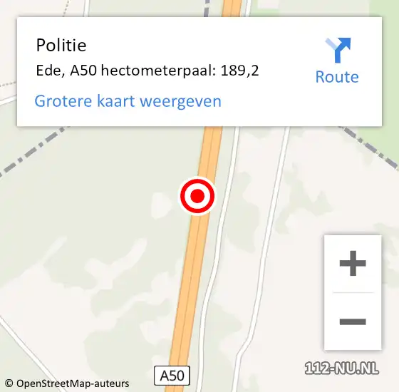 Locatie op kaart van de 112 melding: Politie Ede, A50 hectometerpaal: 189,2 op 20 juni 2024 13:30