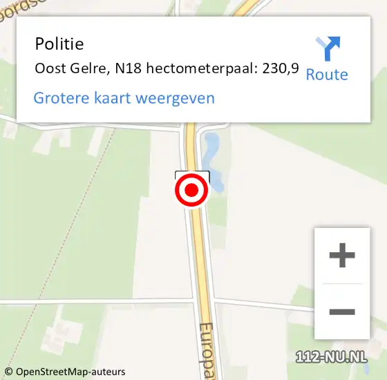 Locatie op kaart van de 112 melding: Politie Oost Gelre, N18 hectometerpaal: 230,9 op 20 juni 2024 13:48