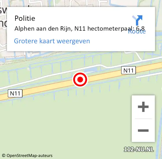 Locatie op kaart van de 112 melding: Politie Alphen aan den Rijn, N11 hectometerpaal: 6,8 op 20 juni 2024 13:52