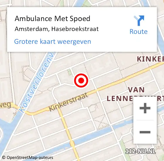 Locatie op kaart van de 112 melding: Ambulance Met Spoed Naar Amsterdam, Hasebroekstraat op 20 juni 2024 14:34