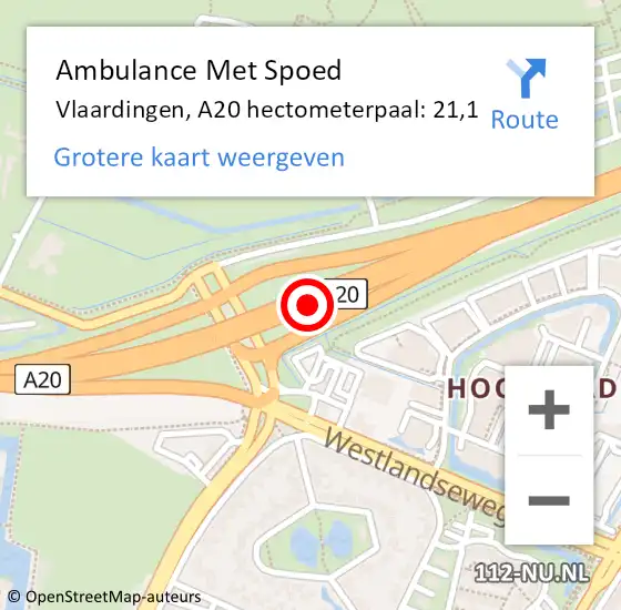 Locatie op kaart van de 112 melding: Ambulance Met Spoed Naar Vlaardingen, A20 hectometerpaal: 21,1 op 20 juni 2024 14:41
