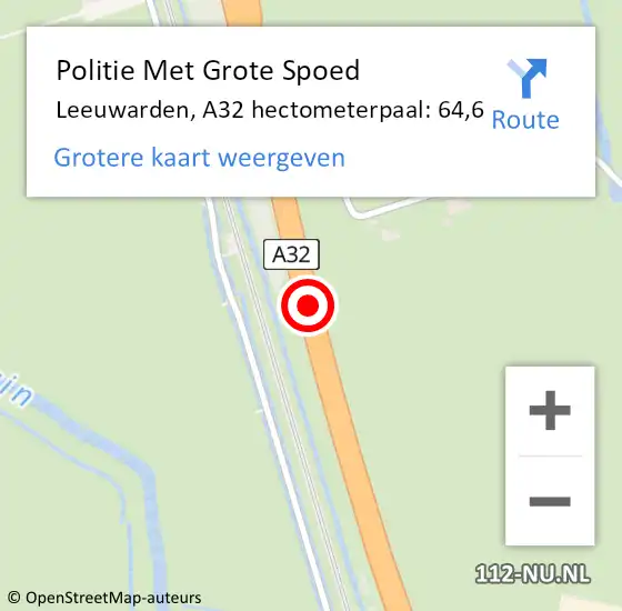 Locatie op kaart van de 112 melding: Politie Met Grote Spoed Naar Leeuwarden, A32 hectometerpaal: 64,6 op 20 juni 2024 15:07