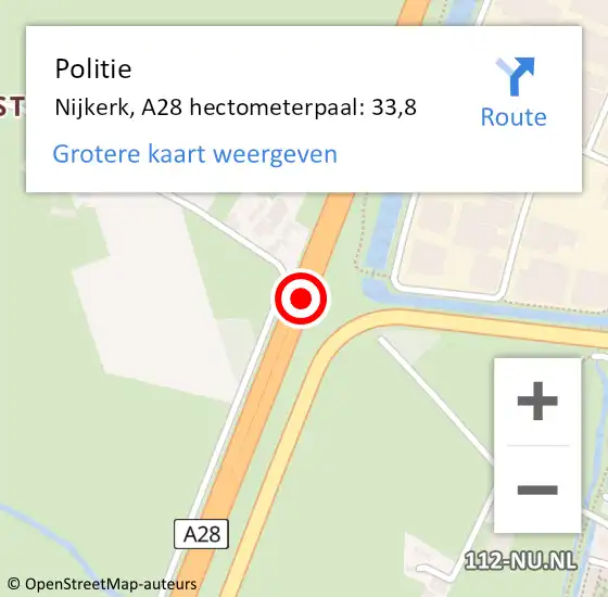 Locatie op kaart van de 112 melding: Politie Nijkerk, A28 hectometerpaal: 33,8 op 20 juni 2024 15:29