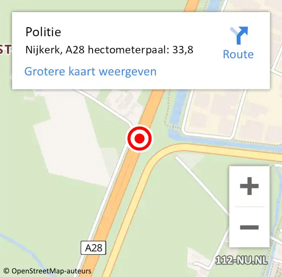 Locatie op kaart van de 112 melding: Politie Nijkerk, A28 hectometerpaal: 33,8 op 20 juni 2024 15:30