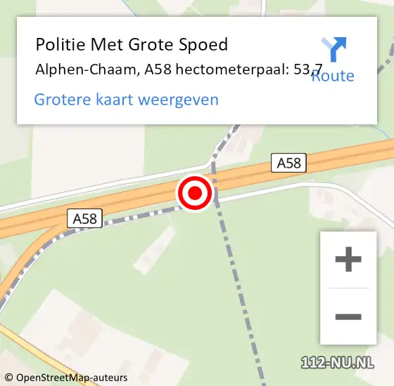 Locatie op kaart van de 112 melding: Politie Met Grote Spoed Naar Alphen-Chaam, A58 hectometerpaal: 53,7 op 20 juni 2024 15:33
