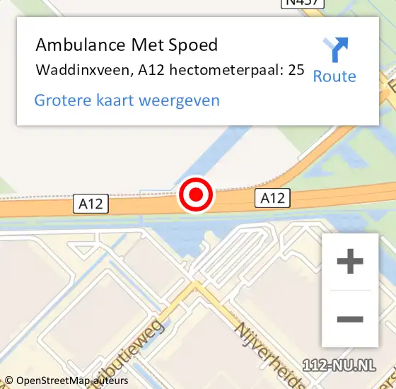Locatie op kaart van de 112 melding: Ambulance Met Spoed Naar Waddinxveen, A12 hectometerpaal: 25 op 20 juni 2024 17:31