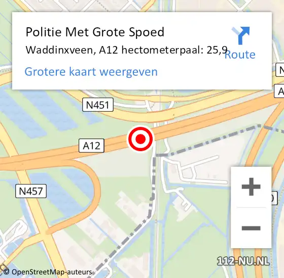 Locatie op kaart van de 112 melding: Politie Met Grote Spoed Naar Waddinxveen, A12 hectometerpaal: 25,9 op 20 juni 2024 17:33
