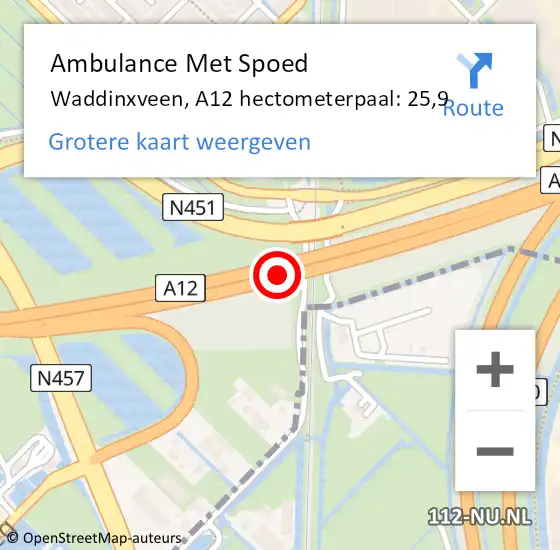 Locatie op kaart van de 112 melding: Ambulance Met Spoed Naar Waddinxveen, A12 hectometerpaal: 25,9 op 20 juni 2024 17:38