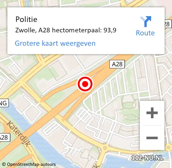 Locatie op kaart van de 112 melding: Politie Zwolle, A28 hectometerpaal: 93,9 op 20 juni 2024 17:50