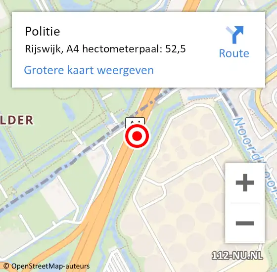 Locatie op kaart van de 112 melding: Politie Rijswijk, A4 hectometerpaal: 52,5 op 20 juni 2024 19:41