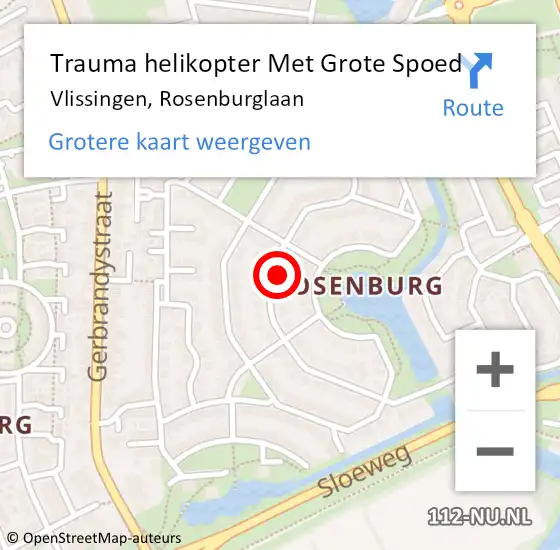 Locatie op kaart van de 112 melding: Trauma helikopter Met Grote Spoed Naar Vlissingen, Rosenburglaan op 20 juni 2024 20:47