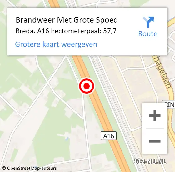 Locatie op kaart van de 112 melding: Brandweer Met Grote Spoed Naar Breda, A16 hectometerpaal: 57,7 op 20 juni 2024 21:02