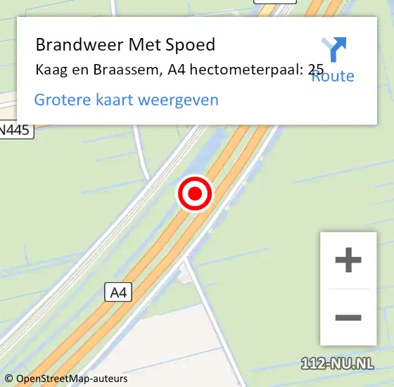 Locatie op kaart van de 112 melding: Brandweer Met Spoed Naar Kaag en Braassem, A4 hectometerpaal: 25 op 20 juni 2024 21:49