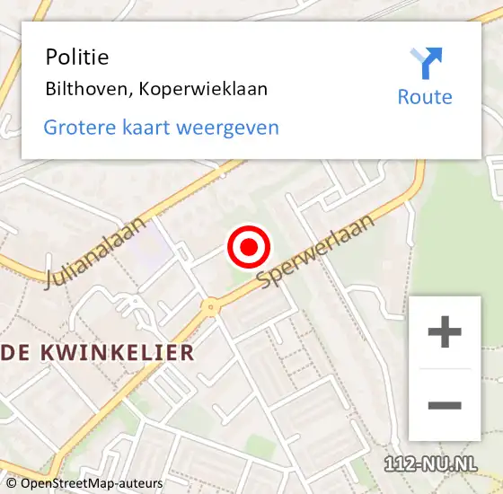 Locatie op kaart van de 112 melding: Politie Bilthoven, Koperwieklaan op 20 juni 2024 23:21