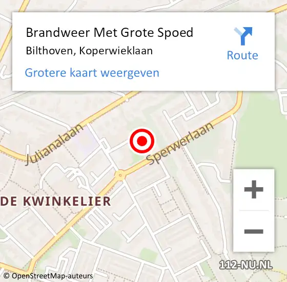 Locatie op kaart van de 112 melding: Brandweer Met Grote Spoed Naar Bilthoven, Koperwieklaan op 20 juni 2024 23:22