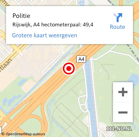 Locatie op kaart van de 112 melding: Politie Rijswijk, A4 hectometerpaal: 49,4 op 21 juni 2024 04:29