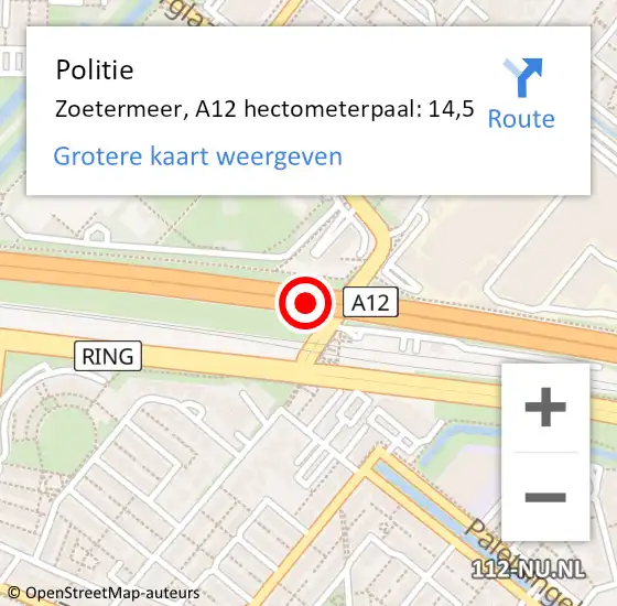 Locatie op kaart van de 112 melding: Politie Zoetermeer, A12 hectometerpaal: 14,5 op 21 juni 2024 06:52