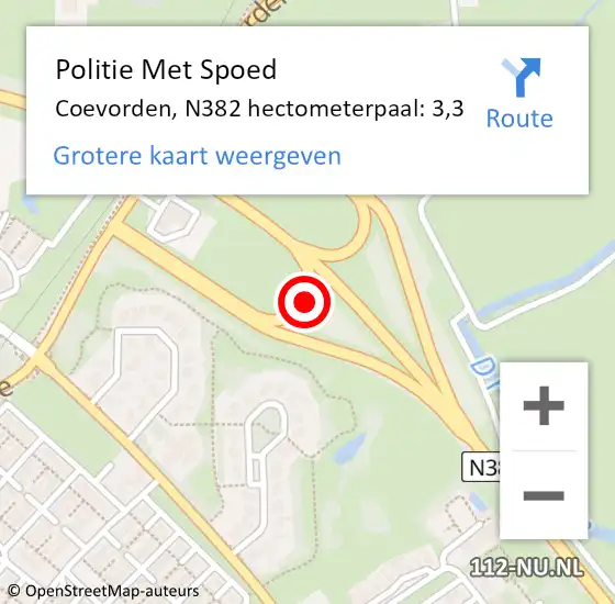 Locatie op kaart van de 112 melding: Politie Met Spoed Naar Coevorden, N382 hectometerpaal: 3,3 op 21 juni 2024 07:28