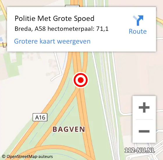 Locatie op kaart van de 112 melding: Politie Met Grote Spoed Naar Breda, A58 hectometerpaal: 71,1 op 21 juni 2024 08:04