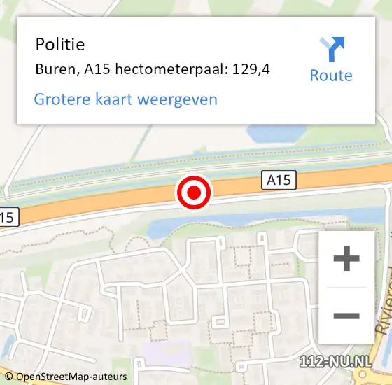 Locatie op kaart van de 112 melding: Politie Buren, A15 hectometerpaal: 129,4 op 21 juni 2024 09:23