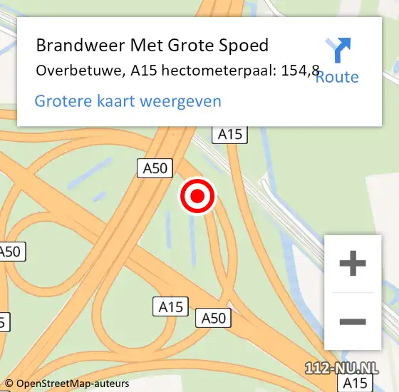 Locatie op kaart van de 112 melding: Brandweer Met Grote Spoed Naar Overbetuwe, A15 hectometerpaal: 154,8 op 21 juni 2024 10:54