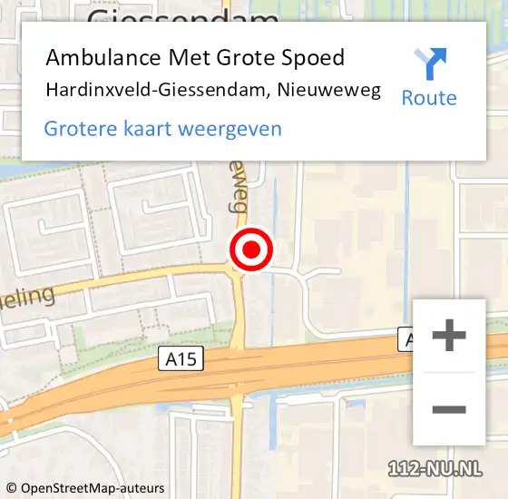 Locatie op kaart van de 112 melding: Ambulance Met Grote Spoed Naar Hardinxveld-Giessendam, Nieuweweg op 21 juni 2024 10:54