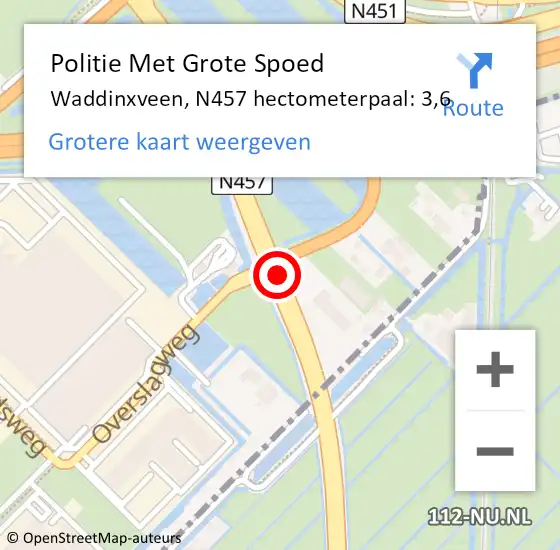 Locatie op kaart van de 112 melding: Politie Met Grote Spoed Naar Waddinxveen, N457 hectometerpaal: 3,6 op 21 juni 2024 12:26