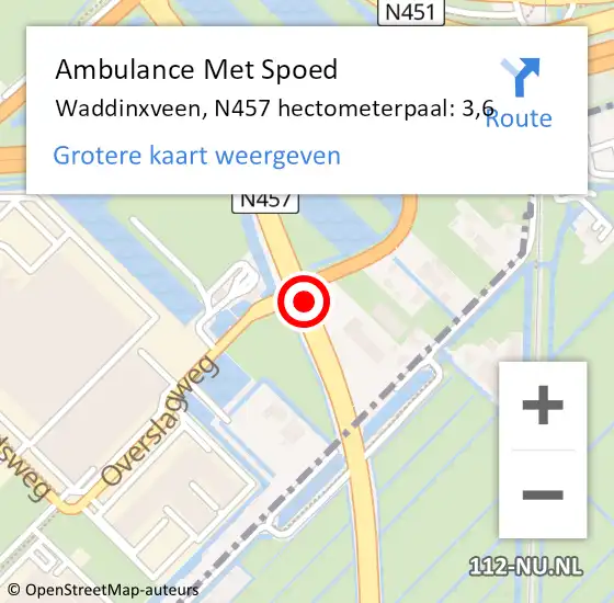 Locatie op kaart van de 112 melding: Ambulance Met Spoed Naar Waddinxveen, N457 hectometerpaal: 3,6 op 21 juni 2024 12:35