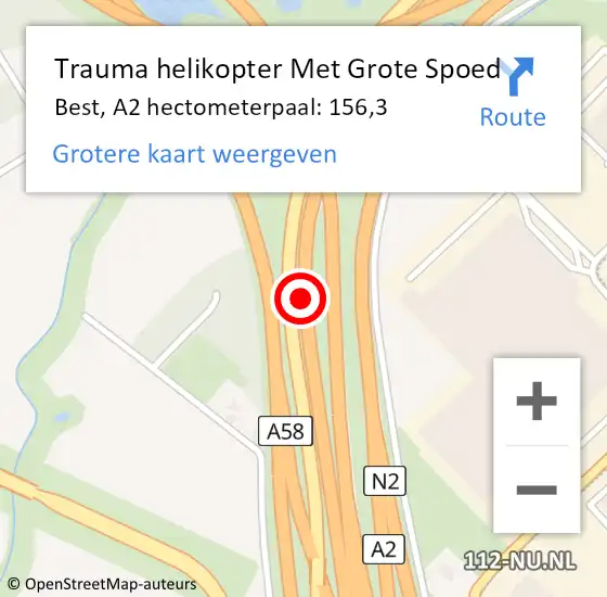 Locatie op kaart van de 112 melding: Trauma helikopter Met Grote Spoed Naar Best, A2 hectometerpaal: 156,3 op 21 juni 2024 12:58