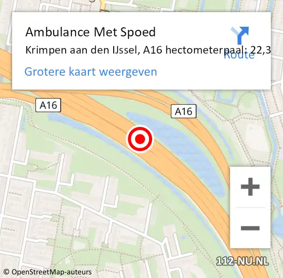 Locatie op kaart van de 112 melding: Ambulance Met Spoed Naar Krimpen aan den IJssel, A16 hectometerpaal: 22,3 op 21 juni 2024 14:21