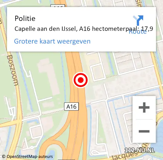 Locatie op kaart van de 112 melding: Politie Capelle aan den IJssel, A16 hectometerpaal: 17,9 op 21 juni 2024 14:30