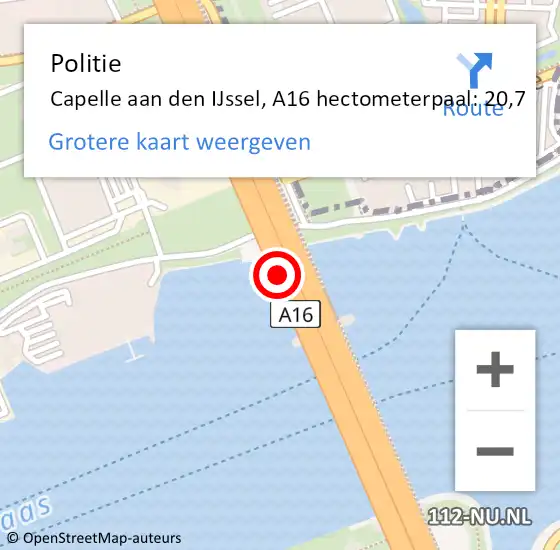 Locatie op kaart van de 112 melding: Politie Capelle aan den IJssel, A16 hectometerpaal: 20,7 op 21 juni 2024 14:55