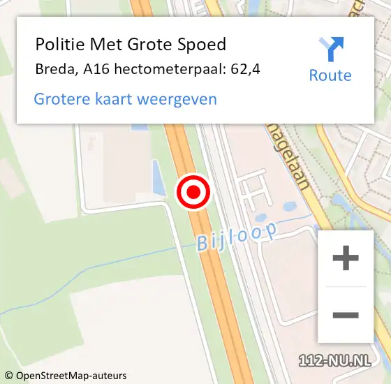 Locatie op kaart van de 112 melding: Politie Met Grote Spoed Naar Breda, A16 hectometerpaal: 62,4 op 21 juni 2024 15:32