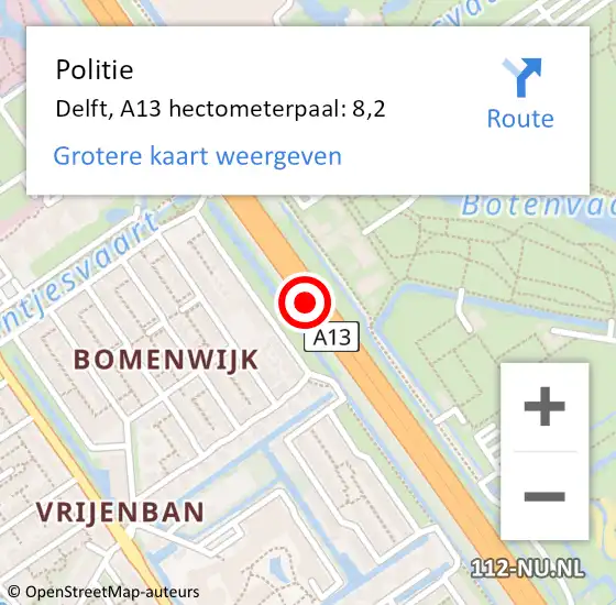 Locatie op kaart van de 112 melding: Politie Delft, A13 hectometerpaal: 8,2 op 21 juni 2024 15:42