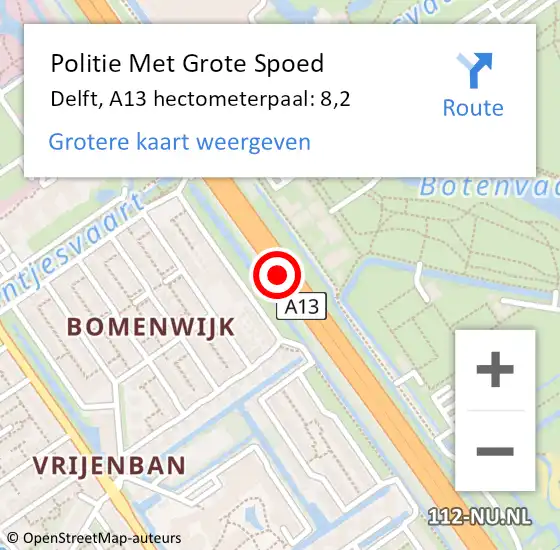 Locatie op kaart van de 112 melding: Politie Met Grote Spoed Naar Delft, A13 hectometerpaal: 8,2 op 21 juni 2024 15:50