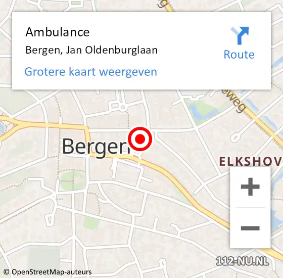 Locatie op kaart van de 112 melding: Ambulance Bergen, Jan Oldenburglaan op 21 juni 2024 15:57