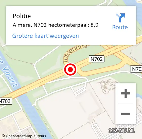 Locatie op kaart van de 112 melding: Politie Almere, N702 hectometerpaal: 8,9 op 21 juni 2024 16:13