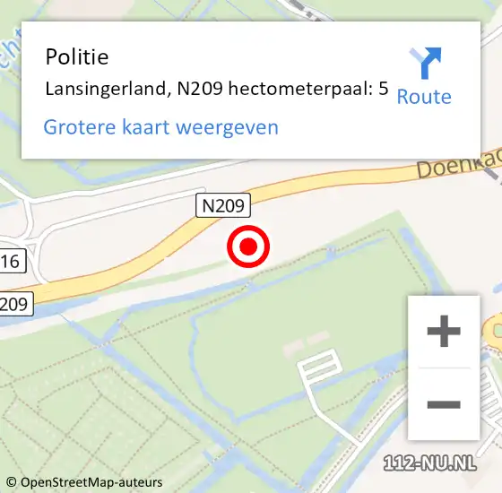 Locatie op kaart van de 112 melding: Politie Lansingerland, N209 hectometerpaal: 5 op 21 juni 2024 16:23