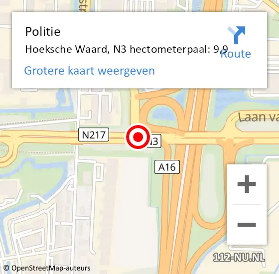 Locatie op kaart van de 112 melding: Politie Hoeksche Waard, N3 hectometerpaal: 9,9 op 21 juni 2024 16:33