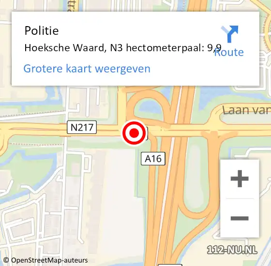 Locatie op kaart van de 112 melding: Politie Hoeksche Waard, N3 hectometerpaal: 9,9 op 21 juni 2024 16:35