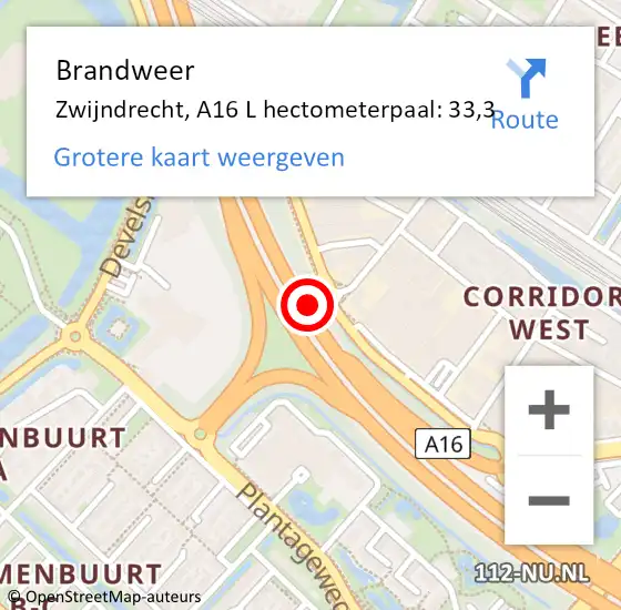 Locatie op kaart van de 112 melding: Brandweer Zwijndrecht, A16 op 10 oktober 2014 10:16