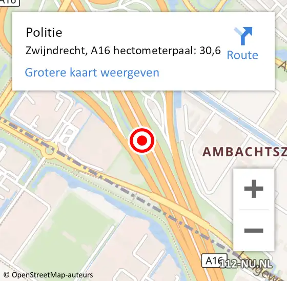 Locatie op kaart van de 112 melding: Politie Zwijndrecht, A16 hectometerpaal: 30,6 op 21 juni 2024 17:49